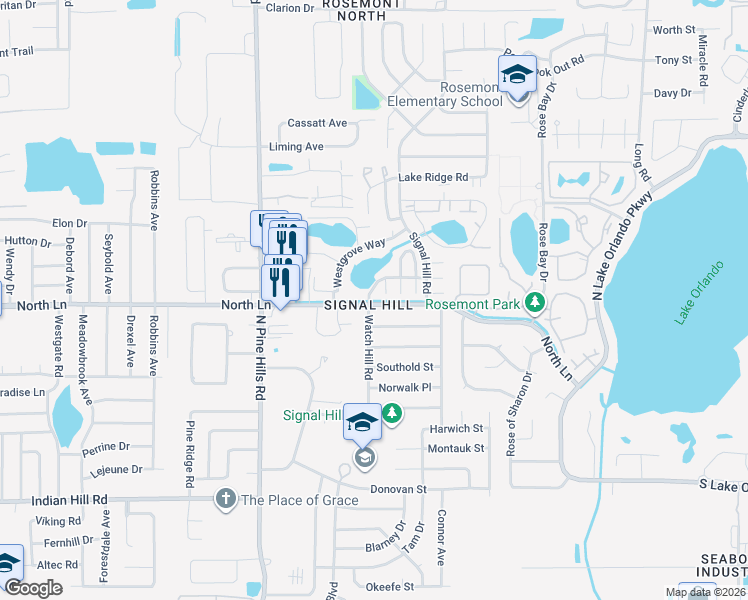 map of restaurants, bars, coffee shops, grocery stores, and more near 4388 Watch Hill Road in Orlando
