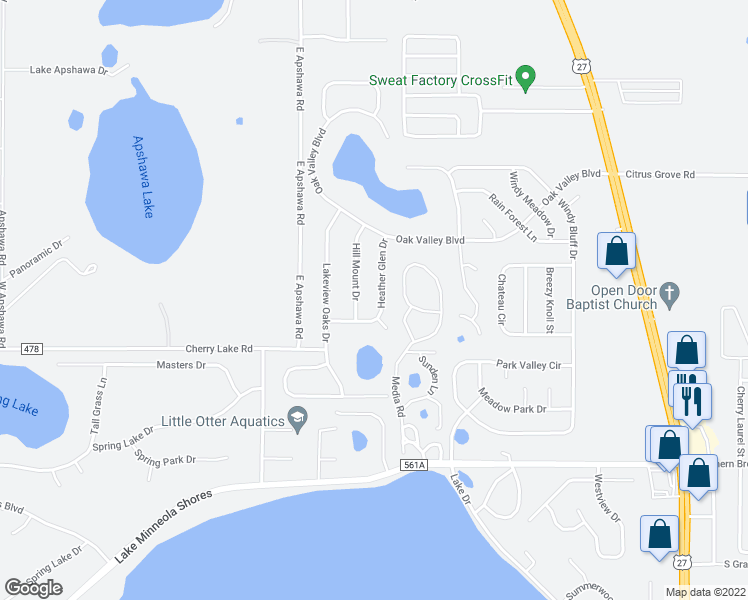 map of restaurants, bars, coffee shops, grocery stores, and more near 1106 Heather Glen Drive in Clermont