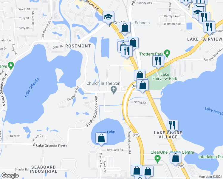 map of restaurants, bars, coffee shops, grocery stores, and more near 3545 Lake Breeze Drive in Orlando