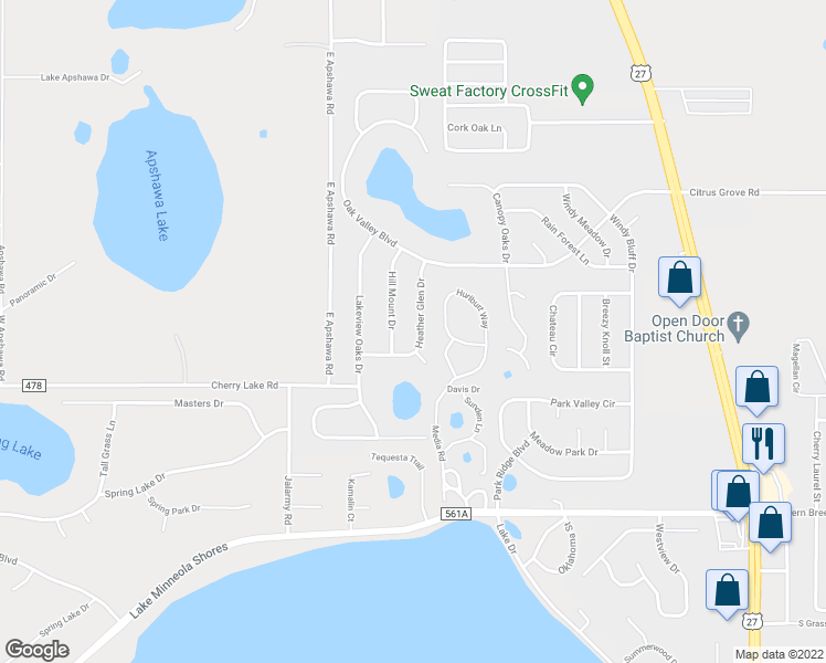 map of restaurants, bars, coffee shops, grocery stores, and more near 1106 Heather Glen Drive in Minneola