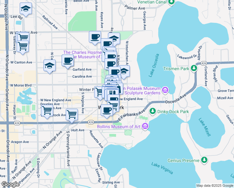map of restaurants, bars, coffee shops, grocery stores, and more near 300 South Knowles Avenue in Winter Park