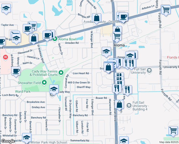 map of restaurants, bars, coffee shops, grocery stores, and more near 2846 Lion Heart Road in Winter Park
