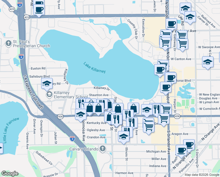 map of restaurants, bars, coffee shops, grocery stores, and more near 1800 Killarney Drive in Winter Park
