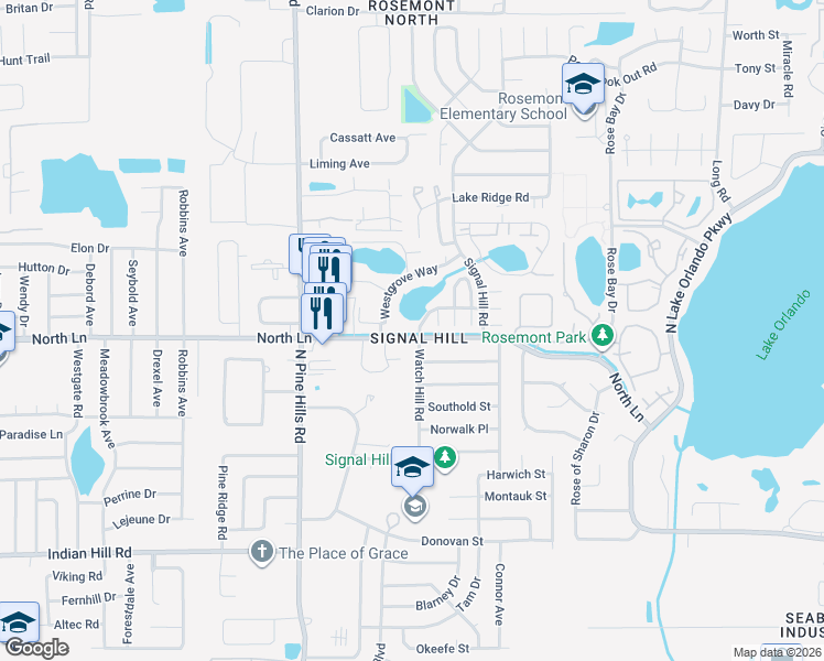 map of restaurants, bars, coffee shops, grocery stores, and more near 4388 Watch Hill Road in Orlando