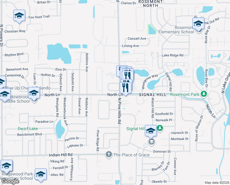 map of restaurants, bars, coffee shops, grocery stores, and more near 4316 North Pine Hills Road in Orlando