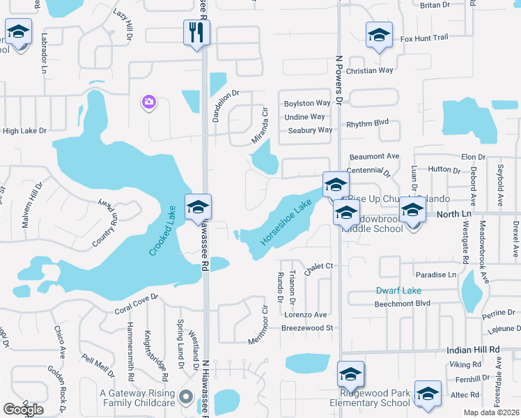 map of restaurants, bars, coffee shops, grocery stores, and more near 6570 Whirlaway Circle in Orlando