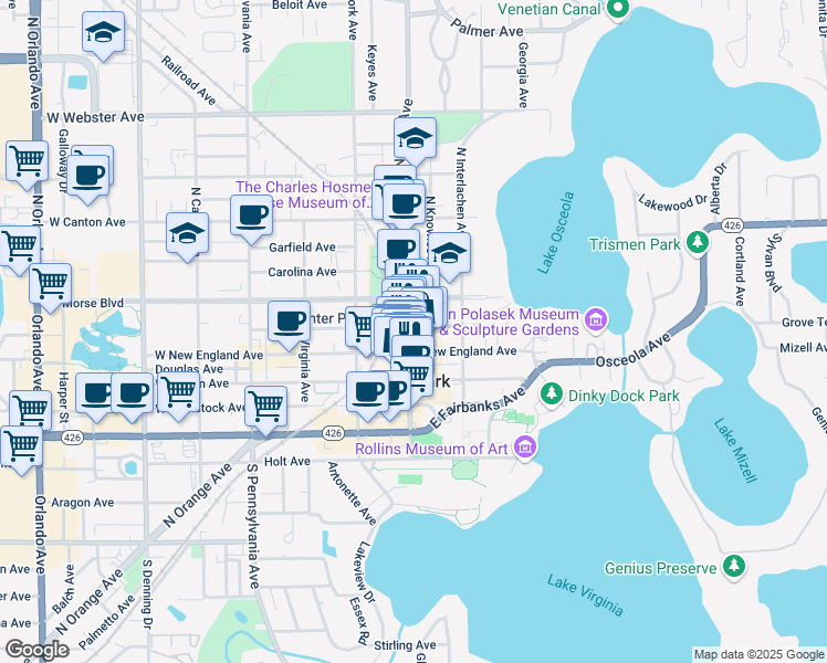 map of restaurants, bars, coffee shops, grocery stores, and more near 290 South Park Avenue in Winter Park