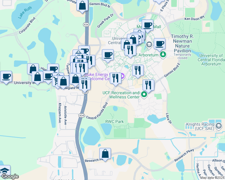 map of restaurants, bars, coffee shops, grocery stores, and more near 4000 Central Florida Boulevard in Orlando