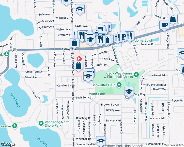 map of restaurants, bars, coffee shops, grocery stores, and more near 2073 Loch Lomond Drive in Winter Park