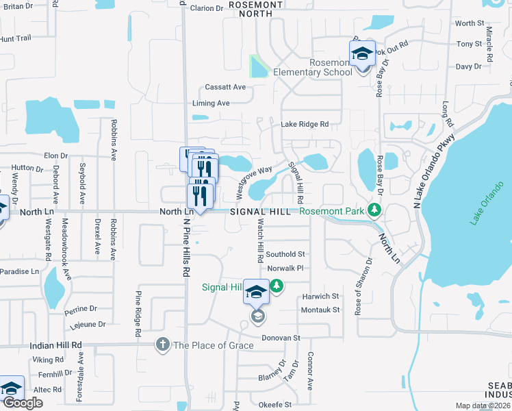map of restaurants, bars, coffee shops, grocery stores, and more near 4388 Watch Hill Road in Orlando
