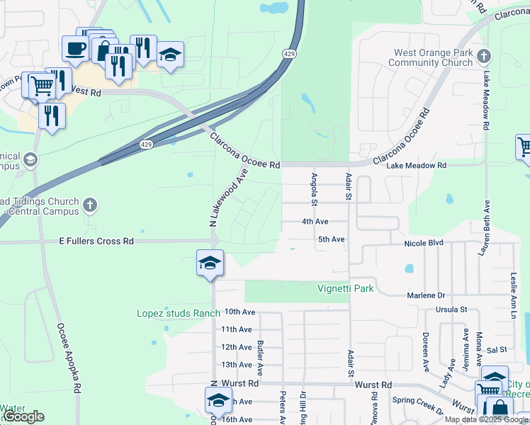 map of restaurants, bars, coffee shops, grocery stores, and more near 10711 North Lakewood Avenue in Apopka