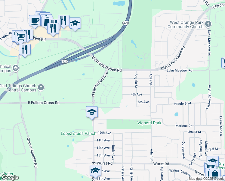 map of restaurants, bars, coffee shops, grocery stores, and more near 10711 North Lakewood Avenue in Apopka