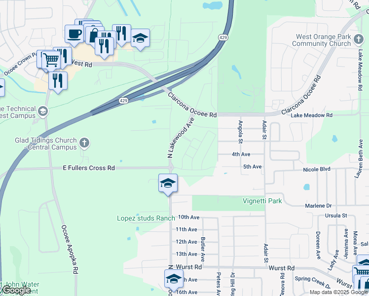 map of restaurants, bars, coffee shops, grocery stores, and more near 10711 North Lakewood Avenue in Apopka