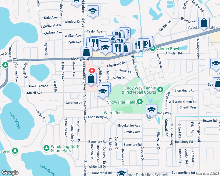 map of restaurants, bars, coffee shops, grocery stores, and more near 2073 Loch Lomond Drive in Winter Park