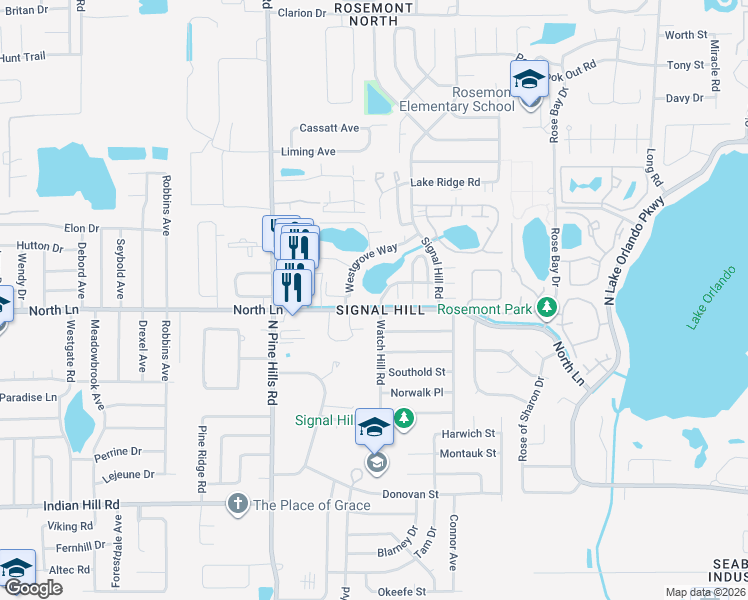 map of restaurants, bars, coffee shops, grocery stores, and more near 4388 Watch Hill Road in Orlando