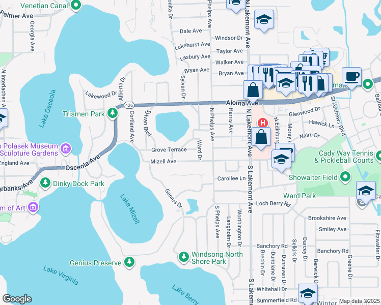 map of restaurants, bars, coffee shops, grocery stores, and more near 1550 Grove Terrace in Winter Park