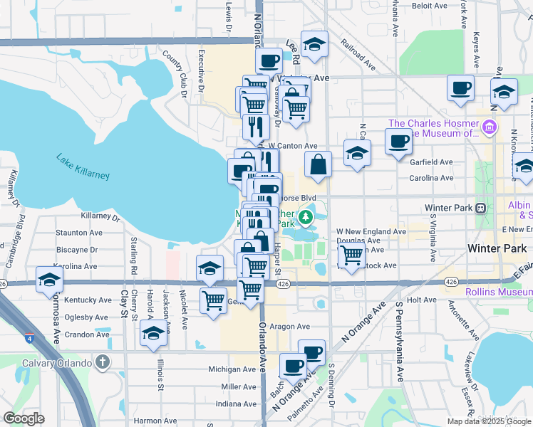 map of restaurants, bars, coffee shops, grocery stores, and more near 110 South Orlando Avenue in Winter Park