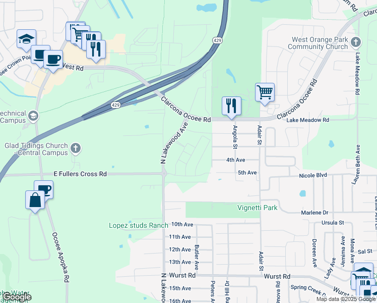 map of restaurants, bars, coffee shops, grocery stores, and more near 10711 North Lakewood Avenue in Apopka