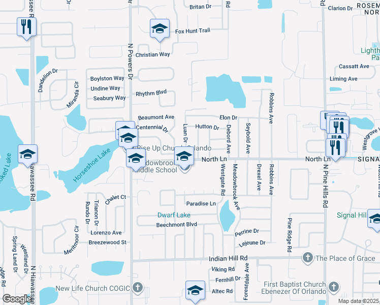 map of restaurants, bars, coffee shops, grocery stores, and more near 4006 Luan Drive in Orlando
