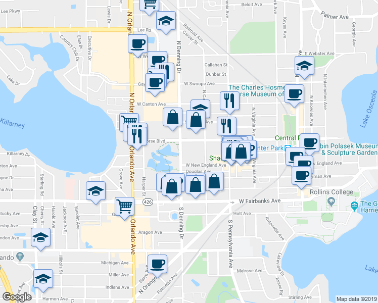 map of restaurants, bars, coffee shops, grocery stores, and more near 850 West Morse Boulevard in Winter Park