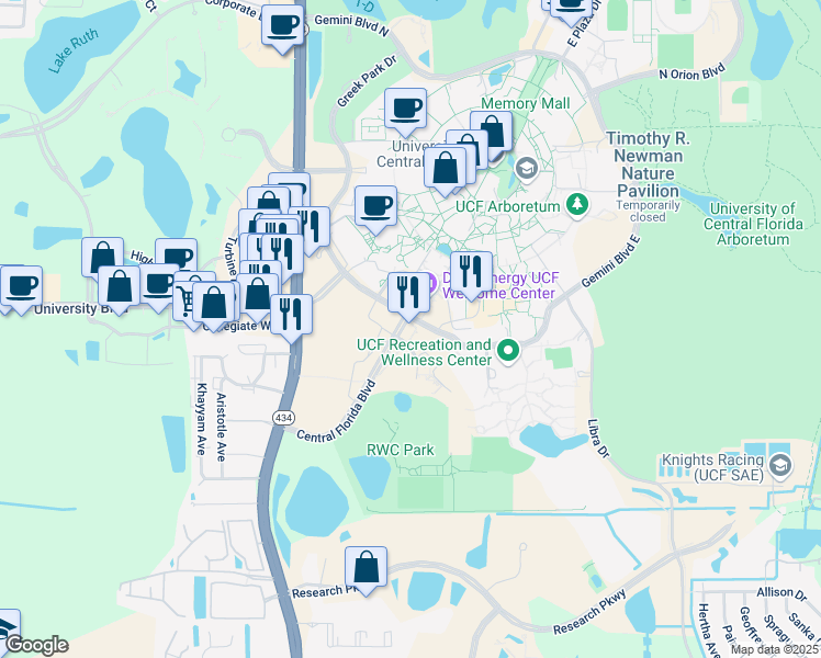 map of restaurants, bars, coffee shops, grocery stores, and more near 4000 Central Florida Boulevard in Orlando