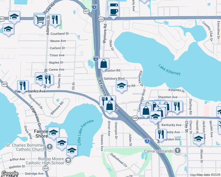 map of restaurants, bars, coffee shops, grocery stores, and more near 2551 Roxbury Road in Winter Park
