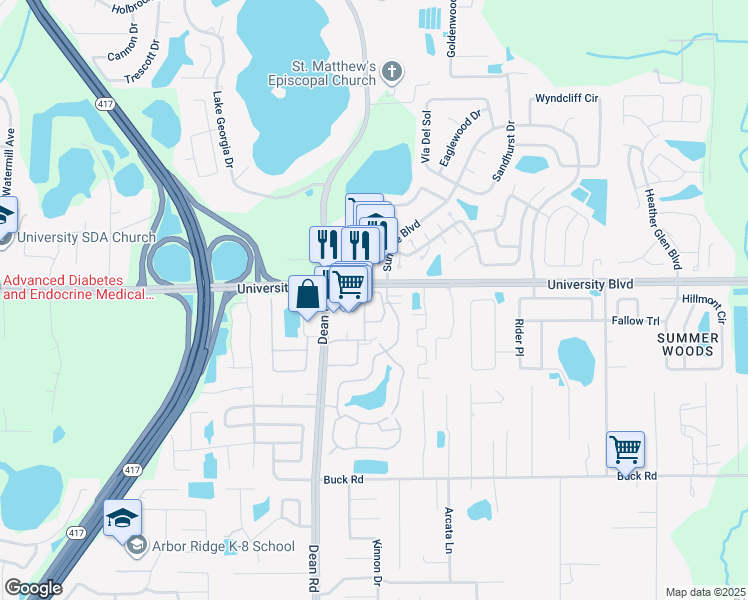 map of restaurants, bars, coffee shops, grocery stores, and more near 10149 University Boulevard in Orlando