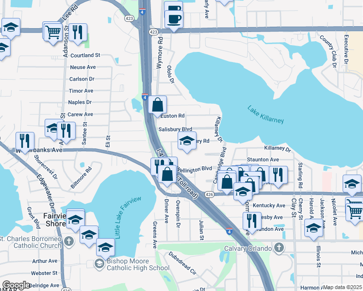 map of restaurants, bars, coffee shops, grocery stores, and more near 2551 Roxbury Road in Winter Park