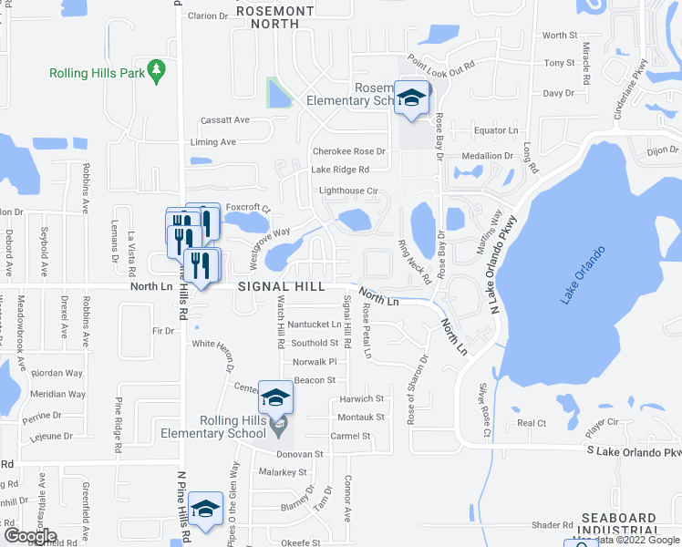 map of restaurants, bars, coffee shops, grocery stores, and more near 4721 Watch Hill Court in Orlando