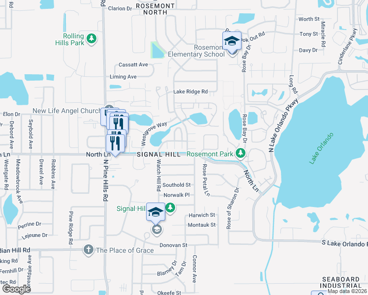 map of restaurants, bars, coffee shops, grocery stores, and more near 4721 Watch Hill Court in Orlando
