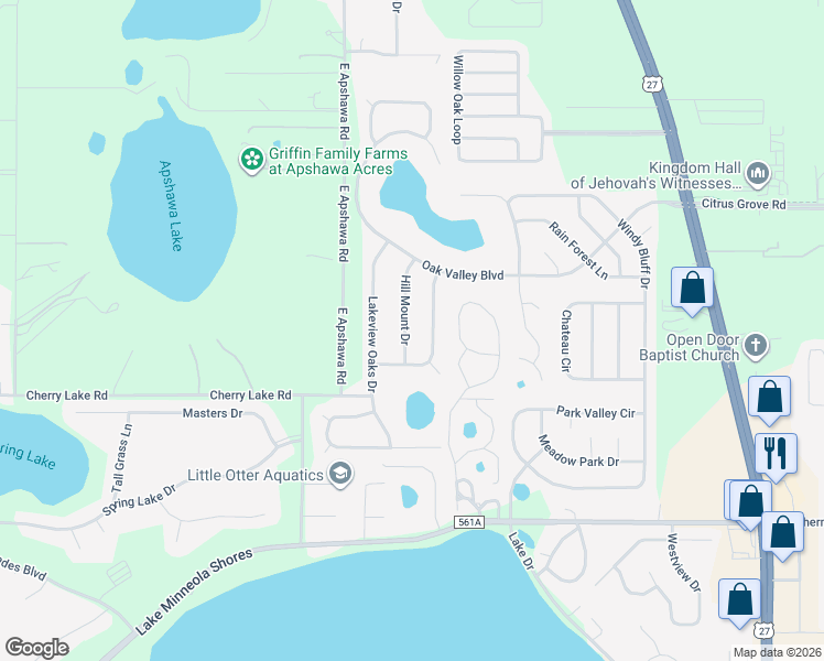 map of restaurants, bars, coffee shops, grocery stores, and more near 1122 Heather Glen Drive in Clermont