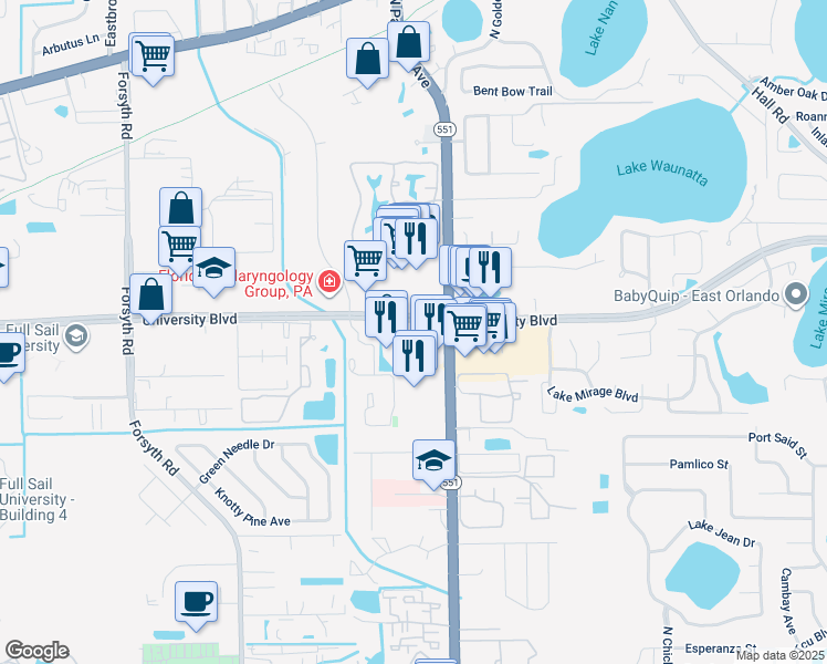 map of restaurants, bars, coffee shops, grocery stores, and more near 7365 University Boulevard in Winter Park