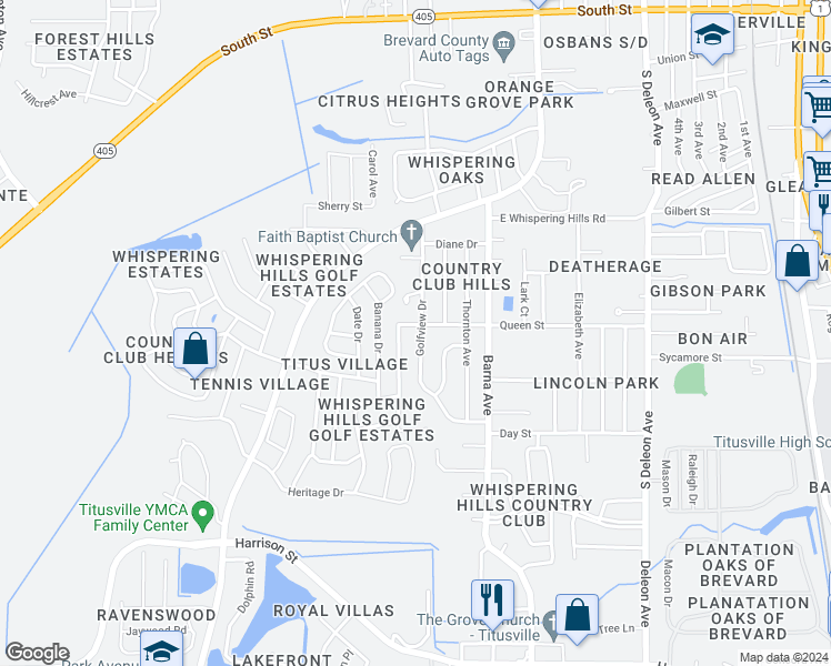map of restaurants, bars, coffee shops, grocery stores, and more near 1520 Golfview Drive in Titusville