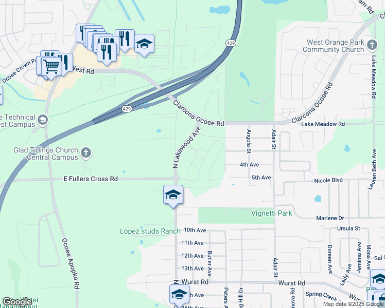 map of restaurants, bars, coffee shops, grocery stores, and more near 1956-2070 North Lakewood Avenue in Ocoee