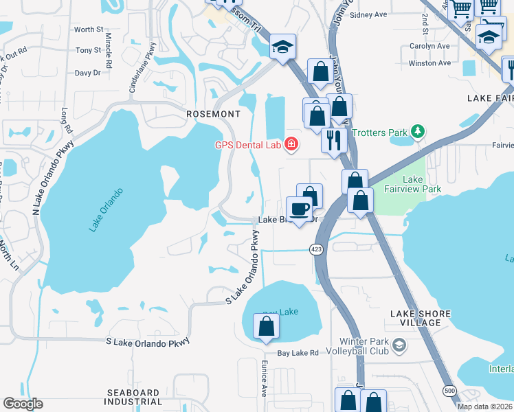 map of restaurants, bars, coffee shops, grocery stores, and more near 4444 Dunwoody Place in Orlando