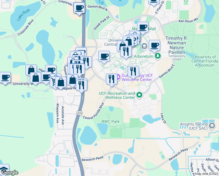 map of restaurants, bars, coffee shops, grocery stores, and more near 4000 Central Florida Boulevard in Orlando