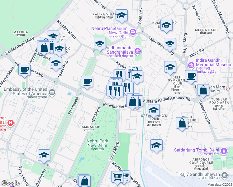 map of restaurants, bars, coffee shops, grocery stores, and more near 50 Niti Marg in New Delhi
