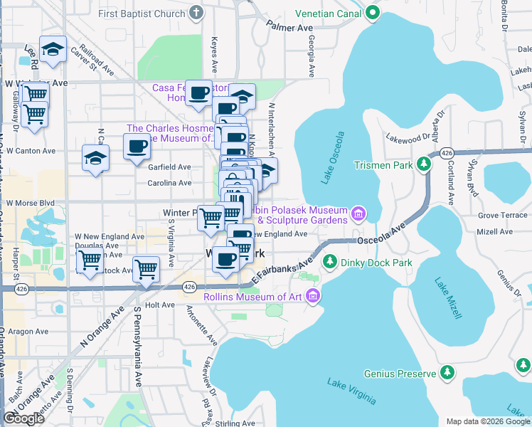map of restaurants, bars, coffee shops, grocery stores, and more near 210 East Morse Boulevard in Winter Park