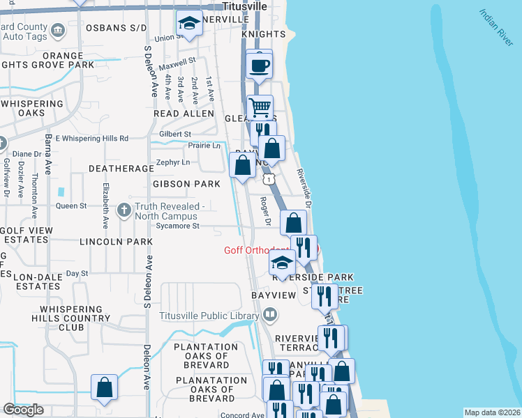 map of restaurants, bars, coffee shops, grocery stores, and more near 315 Bayview Street in Titusville