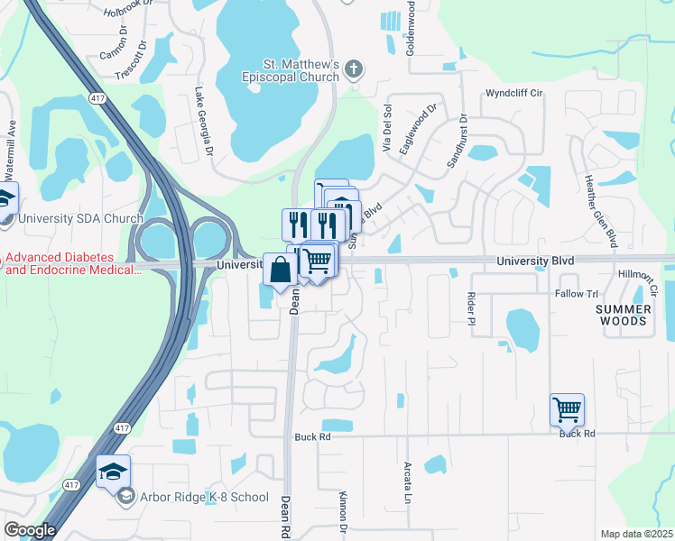 map of restaurants, bars, coffee shops, grocery stores, and more near 10149 University Boulevard in Orlando