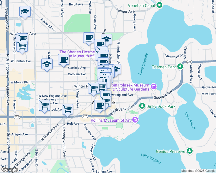 map of restaurants, bars, coffee shops, grocery stores, and more near 210 East Morse Boulevard in Winter Park