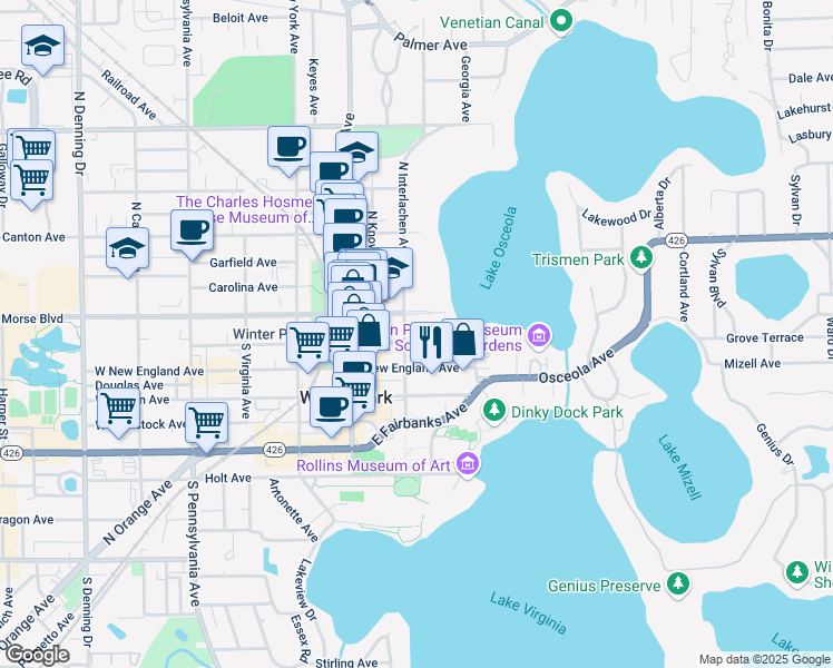 map of restaurants, bars, coffee shops, grocery stores, and more near 100 South Interlachen Avenue in Winter Park