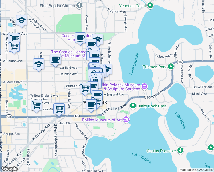 map of restaurants, bars, coffee shops, grocery stores, and more near 210 East Morse Boulevard in Winter Park