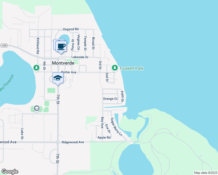 map of restaurants, bars, coffee shops, grocery stores, and more near 17319 2nd Street in Montverde