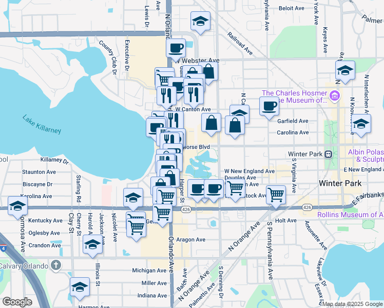 map of restaurants, bars, coffee shops, grocery stores, and more near 1050 West Morse Boulevard in Winter Park