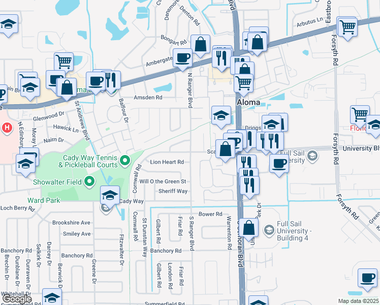 map of restaurants, bars, coffee shops, grocery stores, and more near 163 North Ranger Boulevard in Winter Park