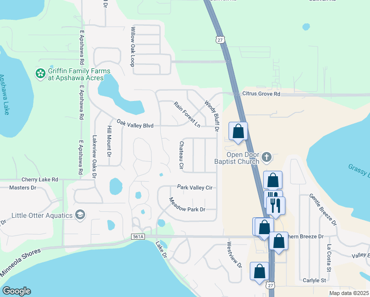 map of restaurants, bars, coffee shops, grocery stores, and more near 1119 Chateau Circle in Minneola