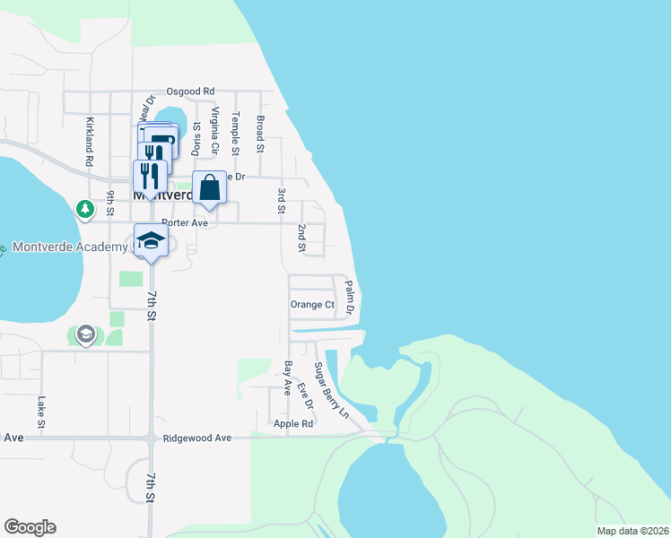 map of restaurants, bars, coffee shops, grocery stores, and more near 17512 Palm Drive in Montverde