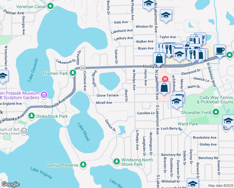 map of restaurants, bars, coffee shops, grocery stores, and more near 1554 Harris Circle in Winter Park