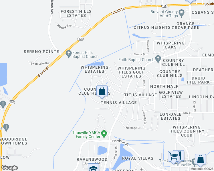map of restaurants, bars, coffee shops, grocery stores, and more near 1430 Crest Drive in Titusville
